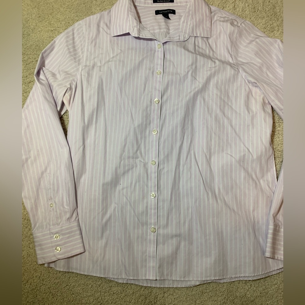 Lands' End No Iron Supima Cotton Button Down Shirt Womens Size 12 Purple Stripes